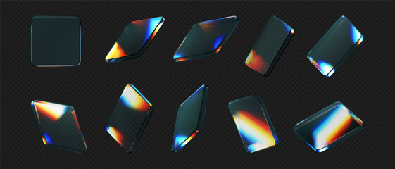 Wall Mural - 3d glass square shapes set with refraction and holographic effect isolated on black background. rend