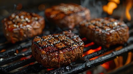 Wall Mural - Thick, juicy steaks sizzling over an open flame on a grill