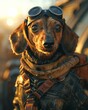 © sergio - A dachshund wearing a steampunk outfit, including goggles, a scarf, and a leather jacket. AI.
