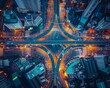 The chaotic beauty of an urban intersection at night, seen from above. AI.