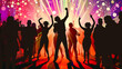 illustration of people dancing in the nightclub as silhouette in front of party rays