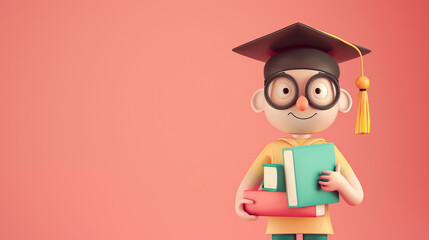 Wall Mural - copy space, 3D render of a cartoon character student wearing a graduation hat holding books, detailed illustration. Happy graduate in graduation caps. Young graduated student.