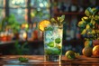 Classic cocktail, mojito, with ice, mint leaves on a wooden table