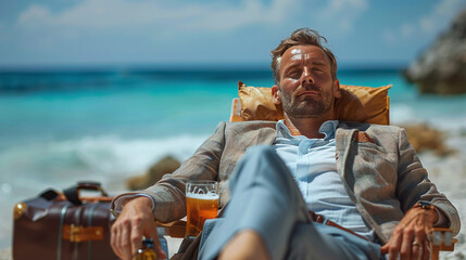 close-up of a successful hierarchic employee or business owner in formal suit, relaxing on the beach