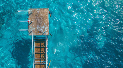 Aerial view looking down on a dive platform into a blue swimming pool