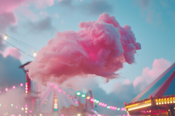 Wall Mural - A pink cotton candy cloud floating above a vibrant pink fairground.