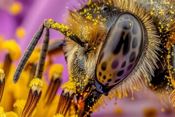 Poster - Macro shot detailing the stunning and intricate features of a hoverfly pollinating on vibrant purple flowers