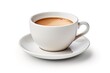 small white cup of freshly brewed delicious aromatic coffee on a saucer, isolated on a white background