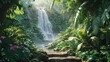 A serene waterfall cascades gently into a crystal-clear pool within the dense greenery of a sunlit tropical rainforest, inviting a sense of peace and natural beauty. Resplendent.