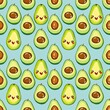 Seamless pattern of cute smiling avocado on modern summer light blue background. Tropical background with exotic fruit, for healthy food, organic lifestyle backgrounds, banner, cards endless pattern.