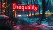 Neon Sign Glowing Red Inequality Message on Snowy Winter Street