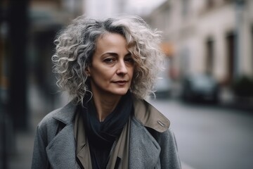 Wall Mural - A woman with gray hair and a scarf is walking down a street