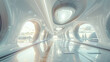 Futuristic White Corridor with Porthole Windows and City View at Sunset