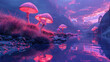 Glowing Pink Mushrooms in Mystical Mountainous Landscape at Sunset