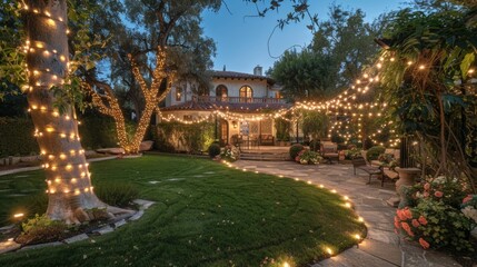 Wall Mural - The surrounding hedges and trees are adorned with ling lights transforming the backyard into a dreamy fairy tale setting. 2d flat cartoon.