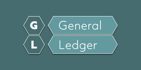 GL General Ledger An Acronym Abbreviation of a financial term. Illustration isolated on cyan blue green background