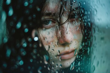 Aufkleber - An intimate close-up shot highlighting the intricate details and subtle reflections within a single water droplet against a blurred window