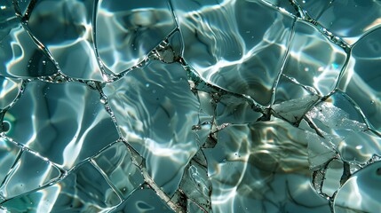 Aufkleber - Crisp close-up of cracked glass with reflections and depth of turquoise water behind it
