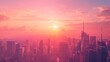 Coral & pink city sunset, warm glow. Dreamy cityscape, summer vibes