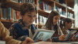 © Atmospheric stock - Several young students, each with a tablet, working together on a neural network project in a modern school library