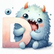 Whimsical Plush Monster Biting Letter D - AI generated digital art
