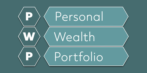 Wall Mural - PWP Personal Wealth Portfolio. An Acronym Abbreviation of a financial term. Illustration isolated on cyan blue green background