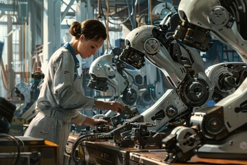 In high-tech facility, a male specialist in robotics develop innovative AI-driven robots, utilizing machine learning for an industry 4.0. 