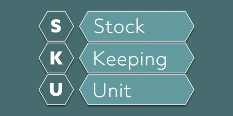 Wall Mural - SKU Stock keeping unit. An Acronym Abbreviation of a financial term. Illustration isolated on cyan blue green background