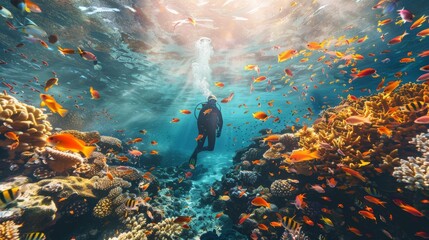 Aufkleber - Scuba diver immersed in bright light, surrounded by schools of fish against the backdrop of a lively coral reef
