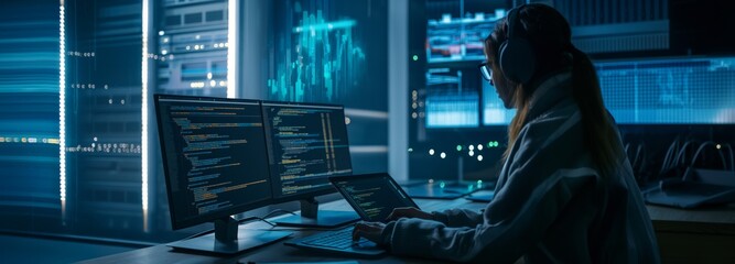 Poster - An IT specialist in a data center works at a laptop, actively analyzing and improving network settings to optimize the speed and security of data transfer. Wide banner. High quality photo