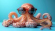 Funny octopus wearing sunglasses in studio with a colorful and bright background. Created with Generative AI.