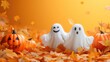 Cute funny ghost with a pumpkin. Created with Generative AI.