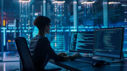 Poster - An IT specialist in the control center in the data center is actively monitoring and analyzing the operation of the network infrastructure, looking for ways to optimize it and increase performance