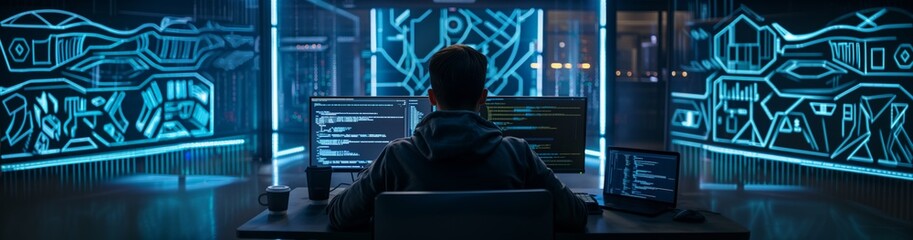 Poster - In the IT data center, the manager is responsible for developing and implementing data backup and recovery strategies, ensuring the reliability and availability of information. Wide Banner Format