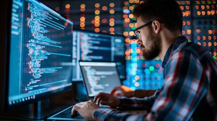 Poster - An IT specialist in the data center types and checks the program code using a laptop and a PC, studies new technologies for analyzing and protecting data to further improve information storage systems