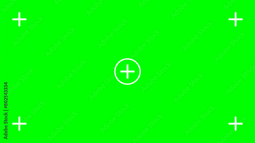 Green screen background with tracking cross marks. Chromakey video technology to add visual effects or VFX during footage editing on movie post-production phase. Vector flat illustration.