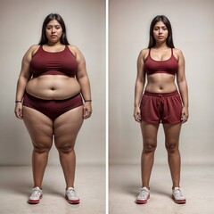 Before and after photos showcasing the remarkable transformation of a woman's weight loss journey, from significant overweight to a slim figure.