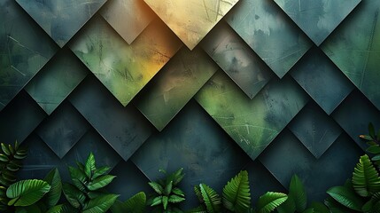 Wall Mural - Dark green and black diamond-shaped tiles with mossy textures and jungle foliage in the style of nature