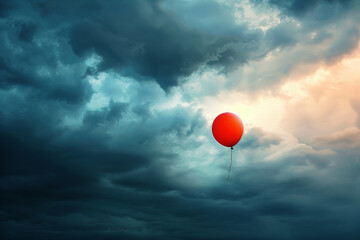 A solitary balloon floating against a dramatic stormy sky.