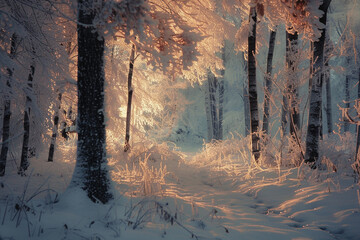 Wall Mural - A snow-covered forest illuminated by the soft glow of moonlight