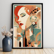 Frame on the table with abstract portrait face of woman, futuristic style, poster, card. vase with white flowers