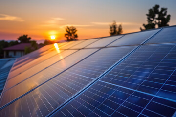 Wall Mural - olar panels on roof at sunset for renewable energy and sustainable technology themes
