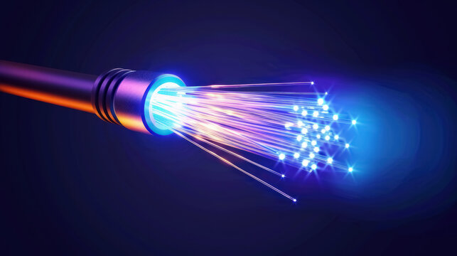 optical fiber cable emitting blue neon light for high-speed internet and technology concepts