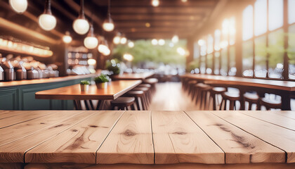 Wall Mural - empty wooden table and blurred bokeh lights cafe background, mock up for display of product, montage your products	