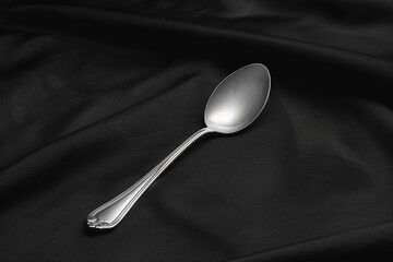 Wall Mural - A single silver spoon on a plain black tablecloth.