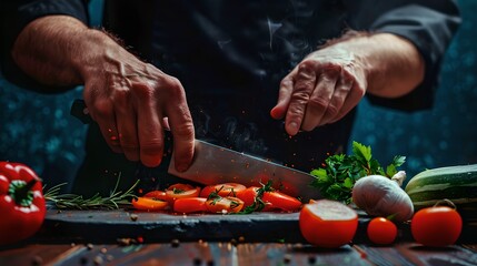 Wall Mural - Chef Slicing Fresh Vegetables on a Dark Background, Culinary Skills in Action. Healthy Cooking at Home. Perfect for Food Blogs and Magazines. AI