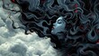 Surreal Portrait of Woman with Flowing Hair and Red Flecks Amid Clouds