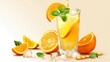 Summer drink. A glass of freshly squeezed orange juice. Sprig of mint and orange slices 