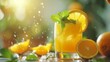 Summer drink. A glass of freshly squeezed orange juice. Sprig of mint and orange slices 