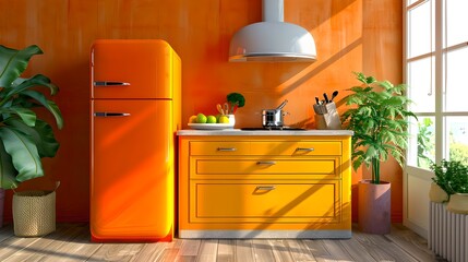 Poster - Bright Sunny Kitchen Interior with Orange Fridge and Cabinets. Cozy Modern Home Decor. Vibrant Kitchen Design. AI